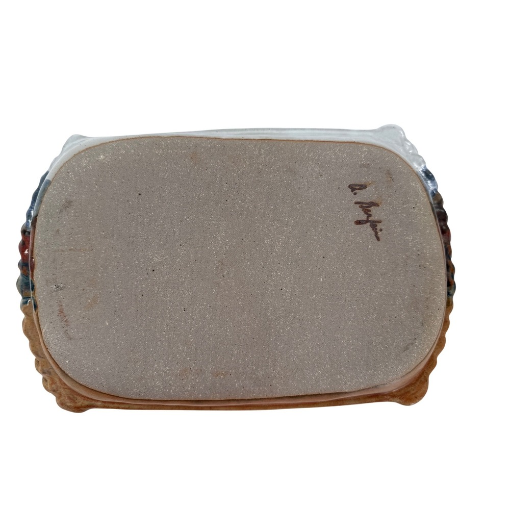 Studio Pottery Signed Rectangular Tray Multi-Color Glaze Rope Edge Stoneware - Picture 2 of 4